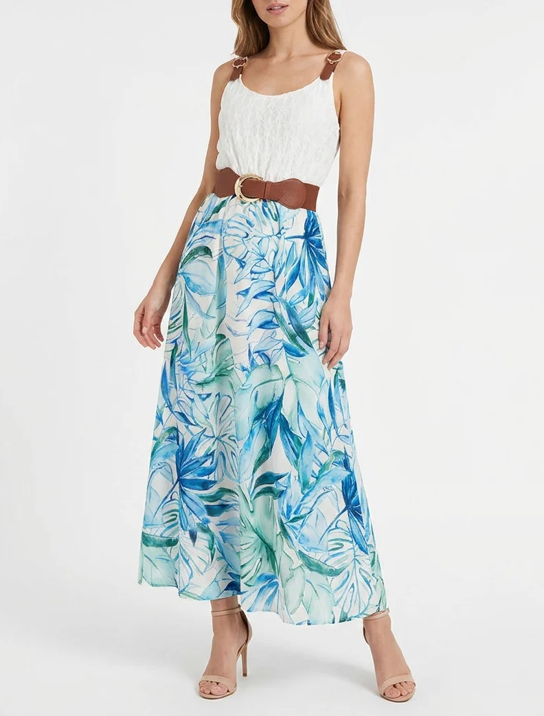 Langes Kleid mit tropischem Print und Kunstträgern - Blau