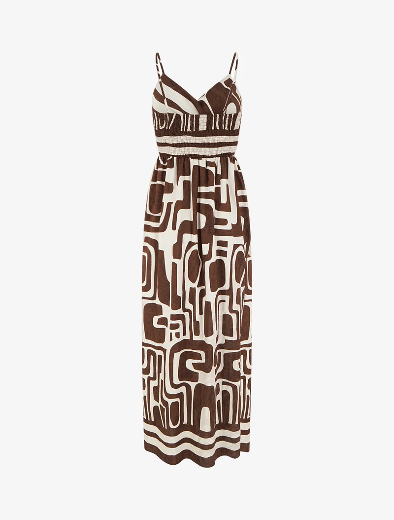Langes Kleid mit grafischem Druck - Braun