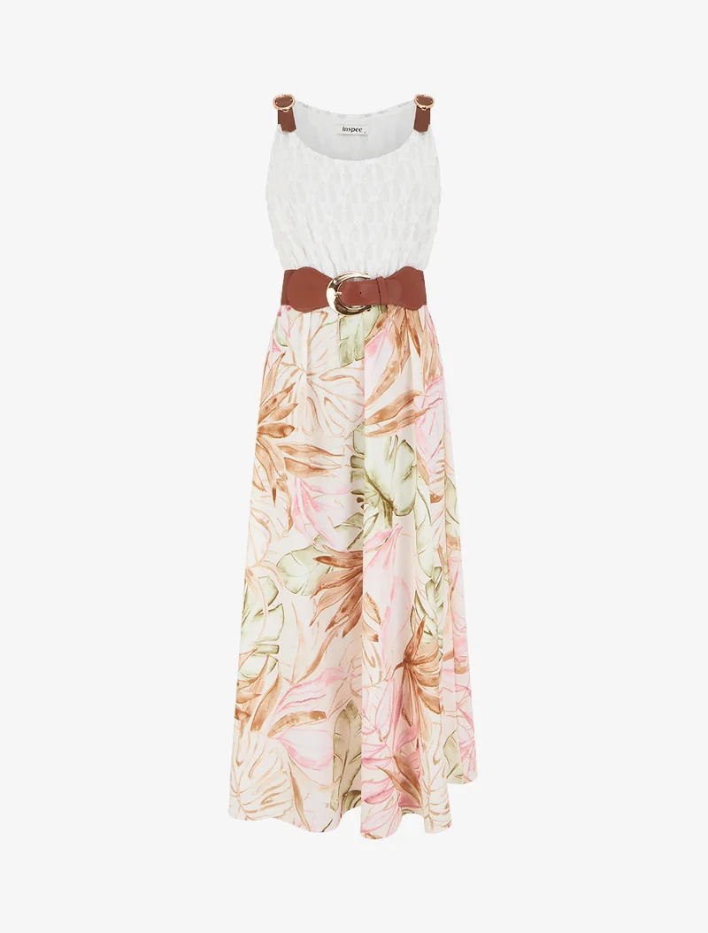 Langes Kleid mit tropischem Print und Kunstträgern - Beige