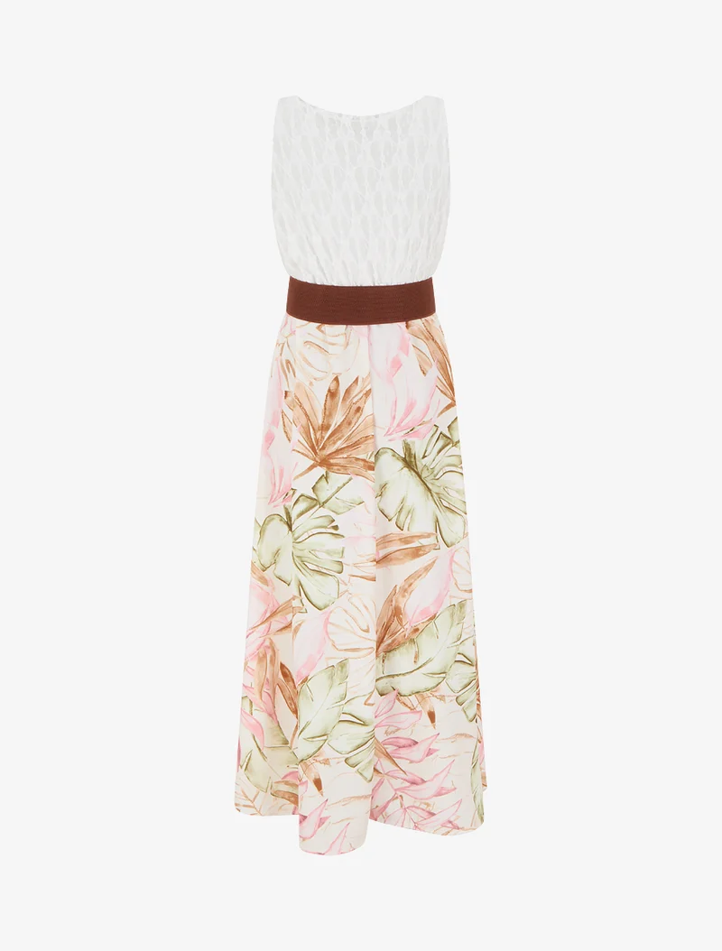 Langes Kleid mit tropischem Print und Kunstträgern - Beige
