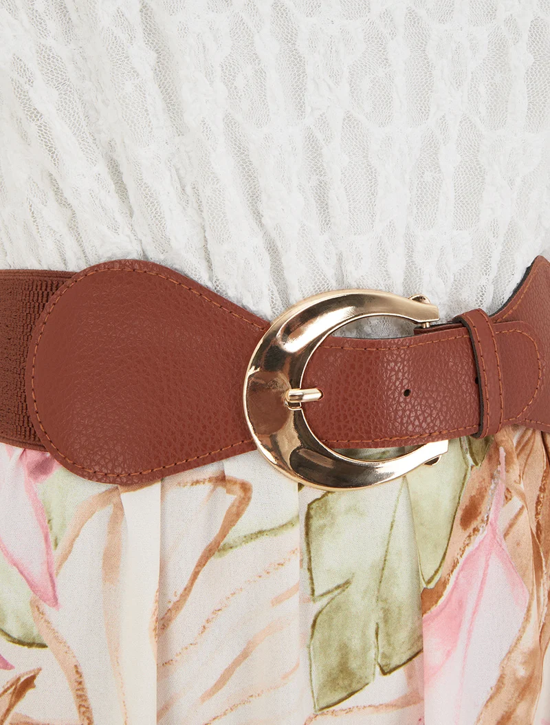 Langes Kleid mit tropischem Print und Kunstträgern - Beige