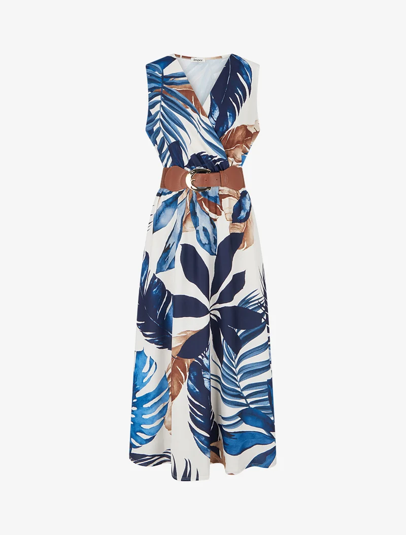 Ärmelloses Kleid mit Blattdruck - Marine
