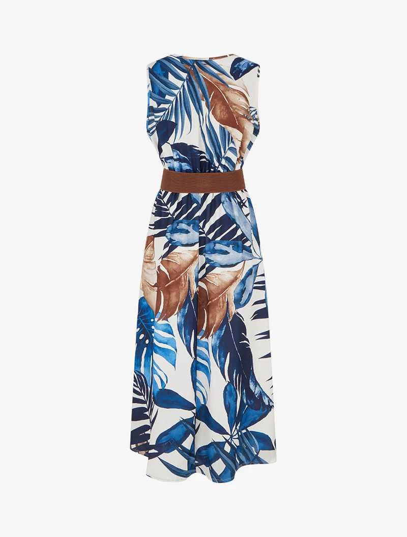 Ärmelloses Kleid mit Blattdruck - Marine
