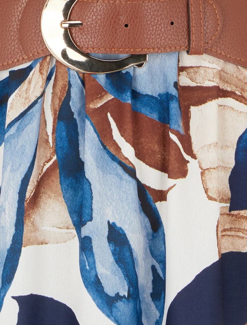 Ärmelloses Kleid mit Blattdruck - Marine