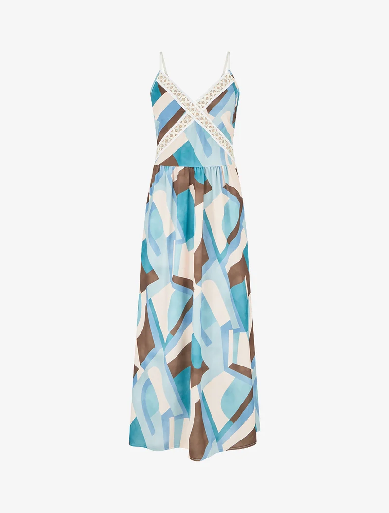 Kleid mit grafischem Druck und Stickerei-Einsatz - Wassergrün