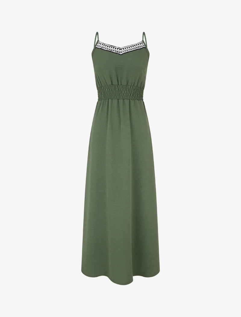 Langes einfarbiges Kleid mit elastischer Taille - Kaki