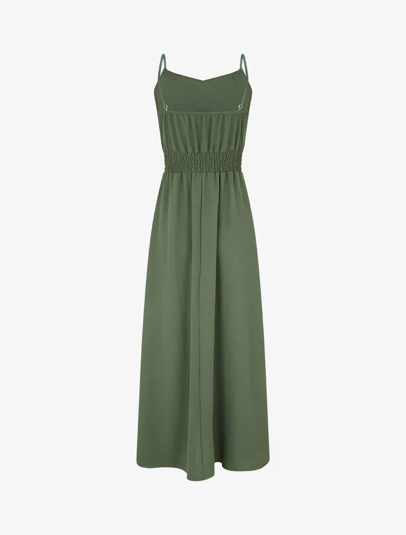 Langes einfarbiges Kleid mit elastischer Taille - Kaki