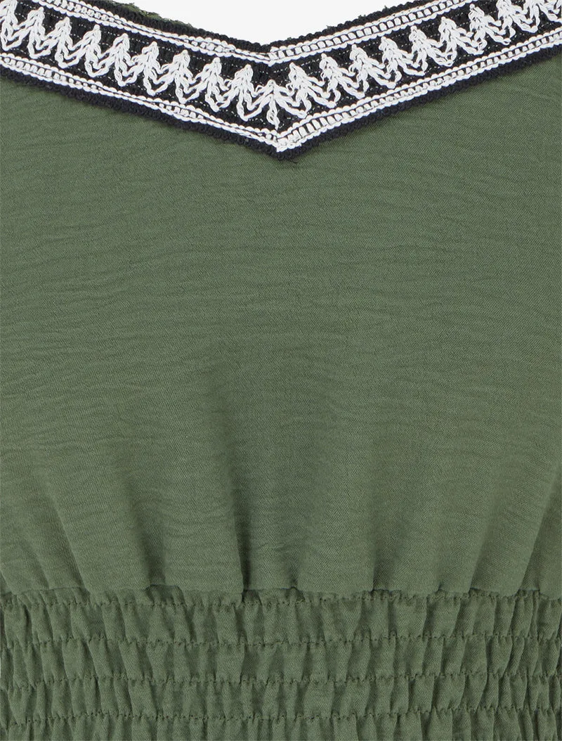 Langes einfarbiges Kleid mit elastischer Taille - Kaki