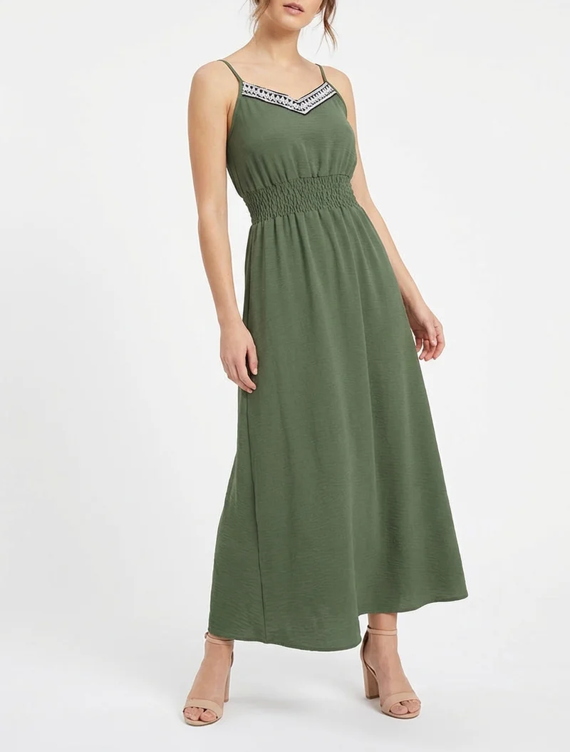 Langes einfarbiges Kleid mit elastischer Taille - Kaki