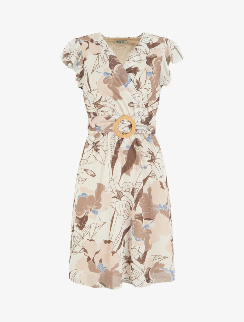 Midikleid mit großen Blumenmuster und Schnalle - Braun