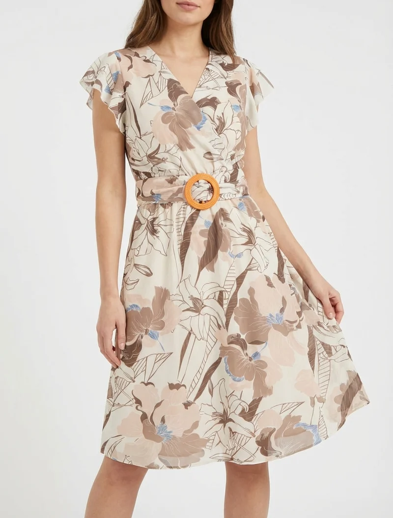 Midikleid mit großen Blumenmuster und Schnalle - Braun