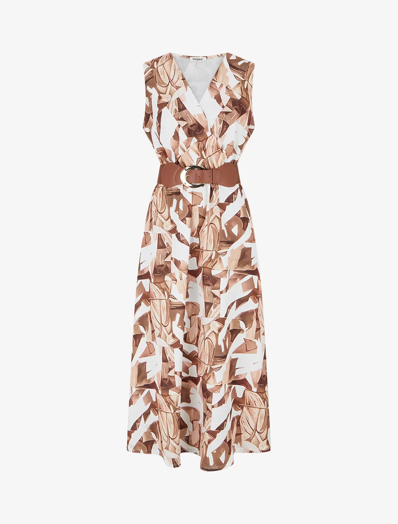 Ärmelloses Kleid mit Fantasiemuster - Kamel