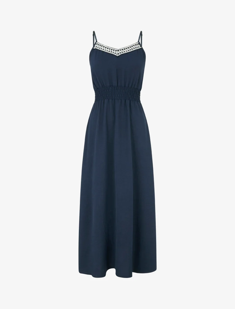 Langes einfarbiges Kleid mit elastischer Taille - Marine