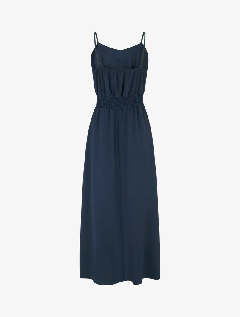 Langes einfarbiges Kleid mit elastischer Taille - Marine