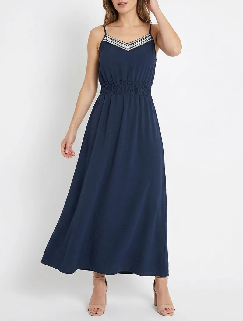 Langes einfarbiges Kleid mit elastischer Taille - Marine