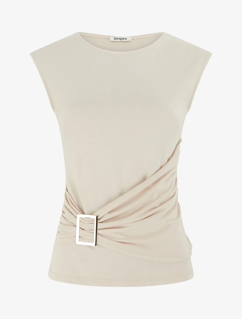 Rundhals-Top mit Schmuckbesatz - Beige