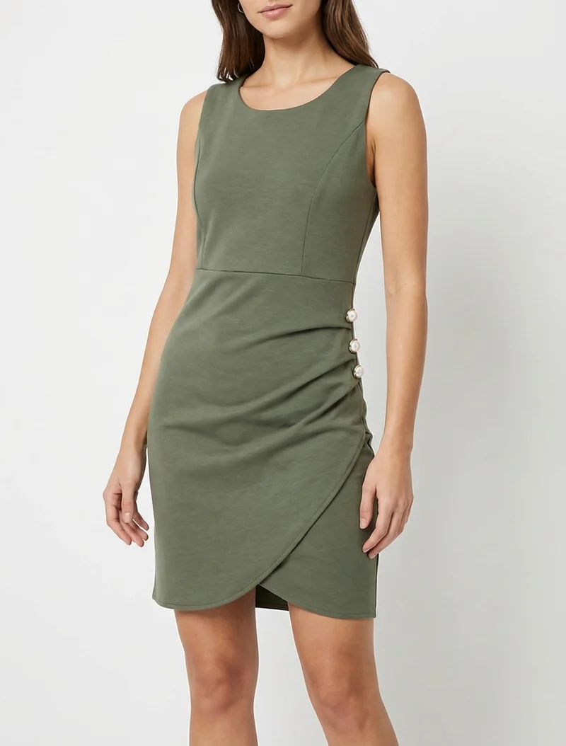 Figurbetontes Kleid mit dekorativen Knöpfen - Kaki