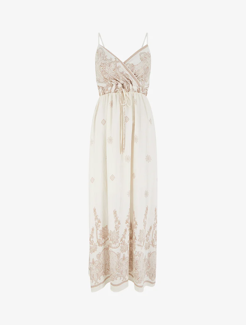 Langes Kleid mit arabesken Blumenmuster - Ecru