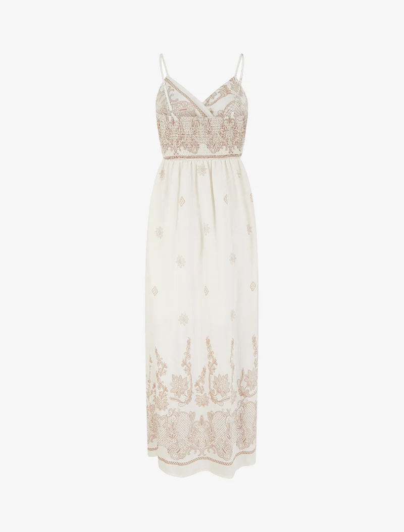 Langes Kleid mit arabesken Blumenmuster - Ecru