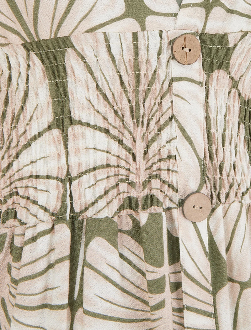 Langes Kleid mit kurzen Ärmeln und großem Blätterdruck - Kaki