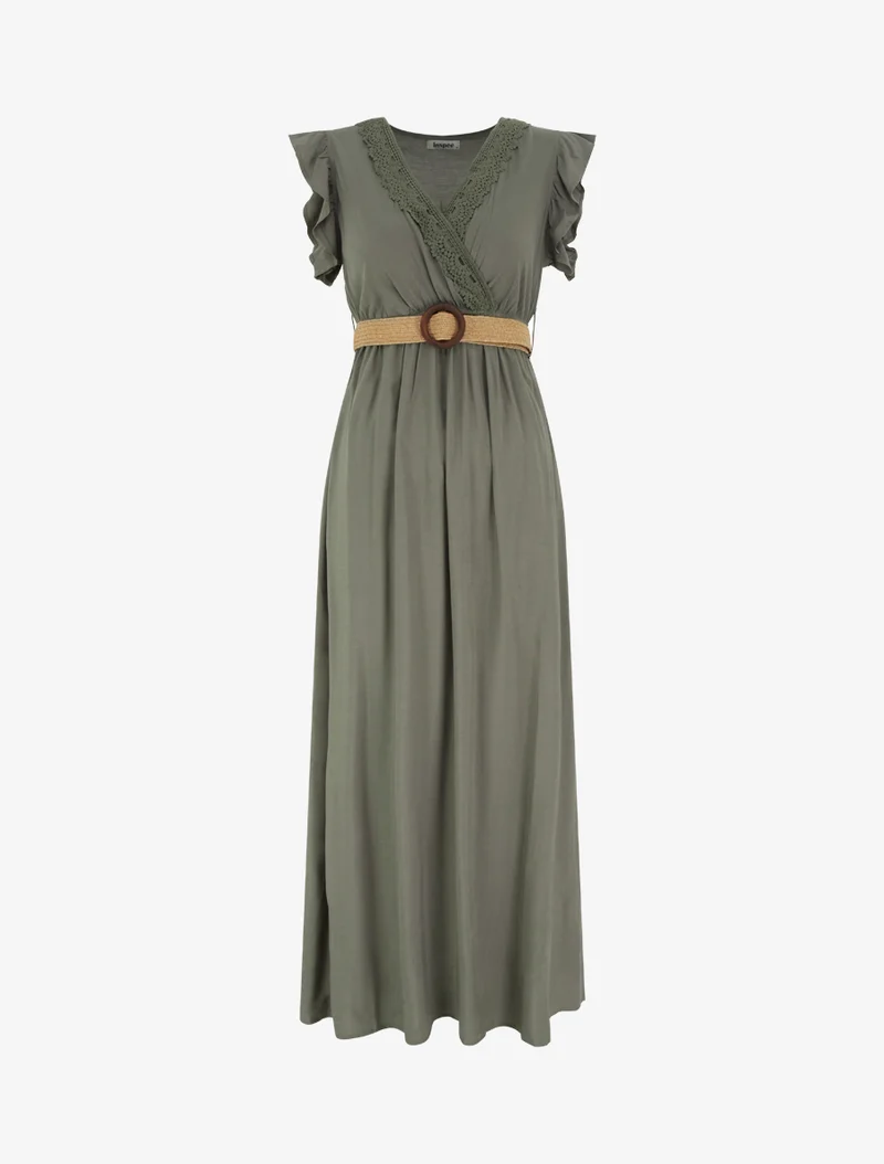 Langärmeliges Kleid mit Wickelausschnitt - Kaki