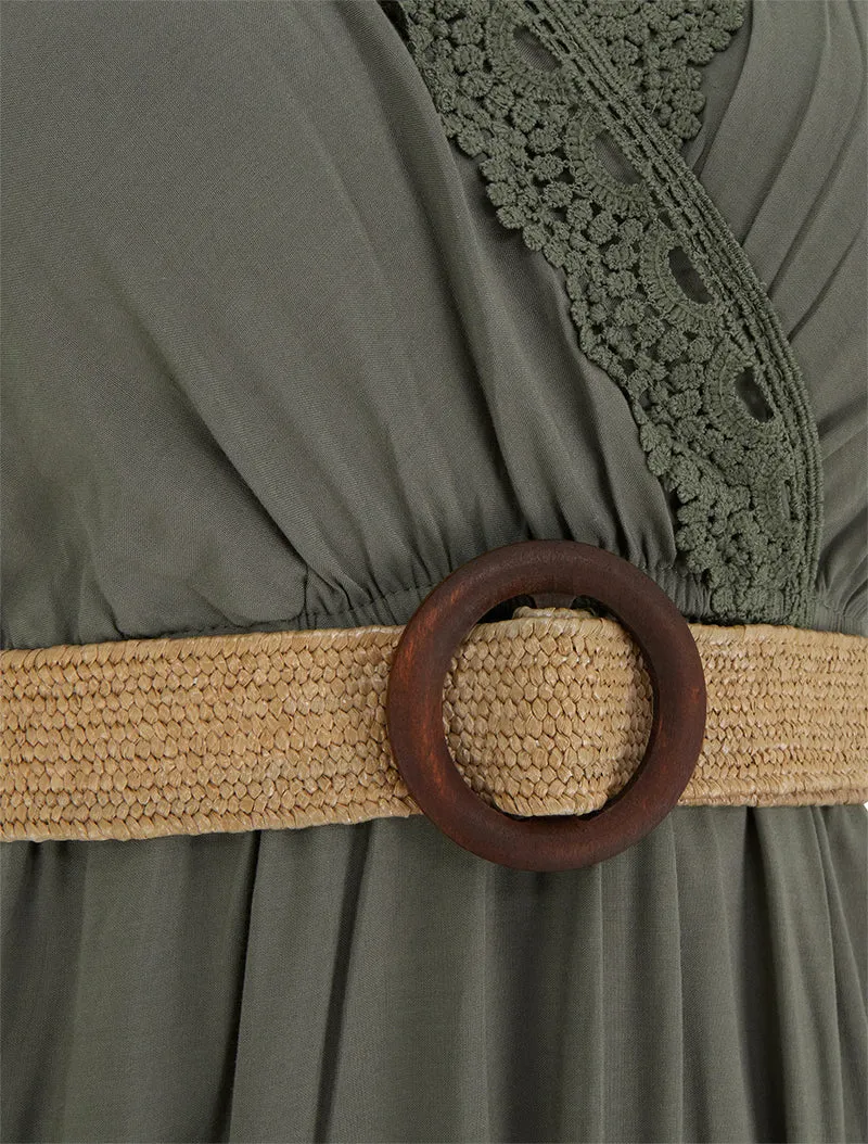 Langärmeliges Kleid mit Wickelausschnitt - Kaki