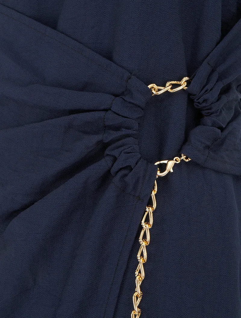 Langes einfarbiges Kleid mit Kettendetail - Marine