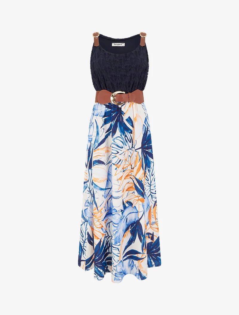 Langes Kleid mit tropischem Print und Kunstträgern - Marine