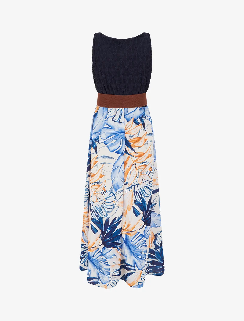 Langes Kleid mit tropischem Print und Kunstträgern - Marine