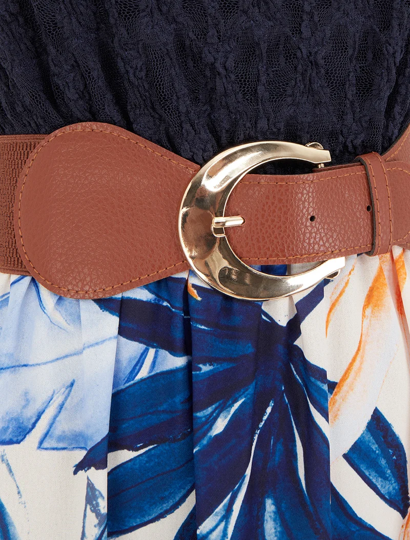 Langes Kleid mit tropischem Print und Kunstträgern - Marine