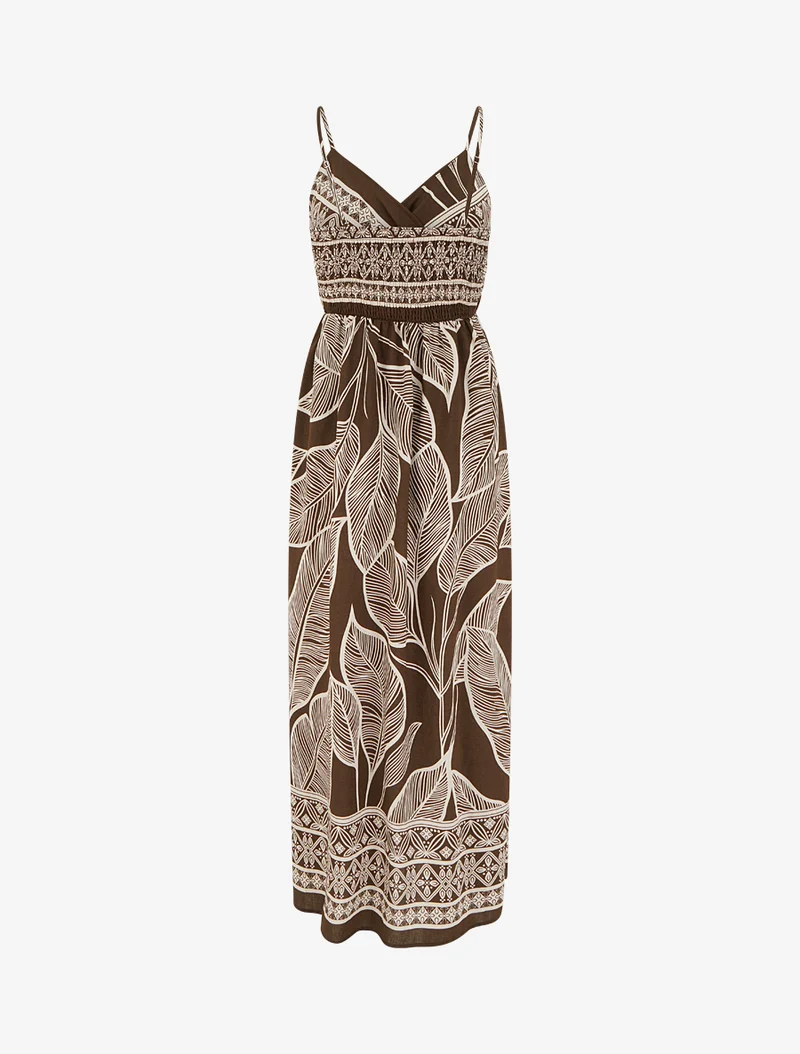Langes Kleid mit stilisiertem Blätterdruck - Braun