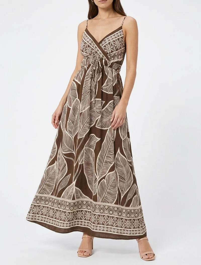 Langes Kleid mit stilisiertem Blätterdruck - Braun