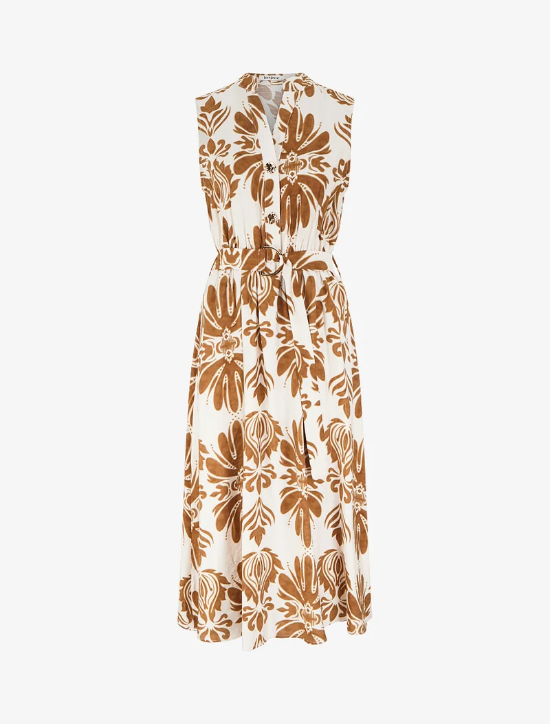 Langes Kleid mit Ikat-Print und dekorativen Knöpfen - Kamel