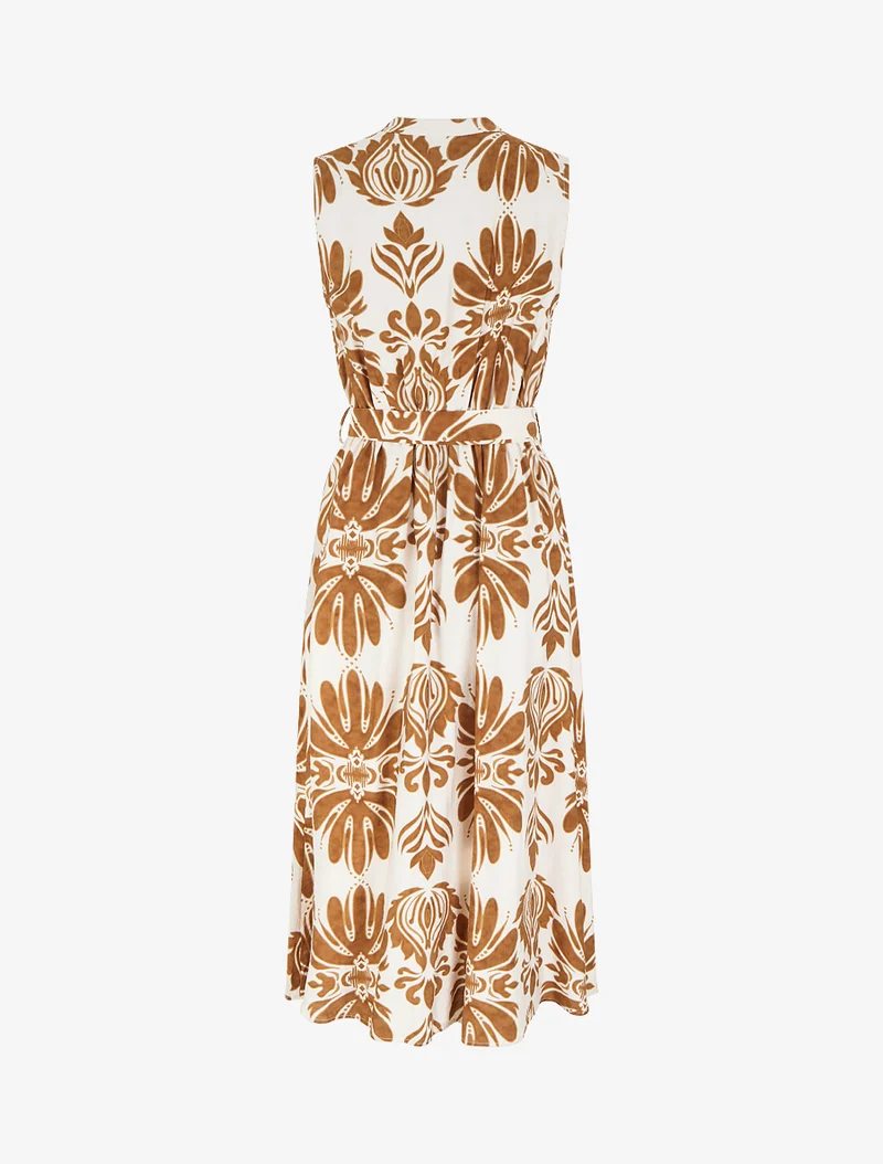 Langes Kleid mit Ikat-Print und dekorativen Knöpfen - Kamel