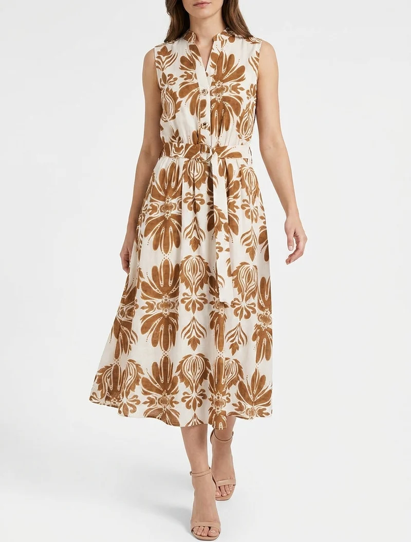 Langes Kleid mit Ikat-Print und dekorativen Knöpfen - Kamel