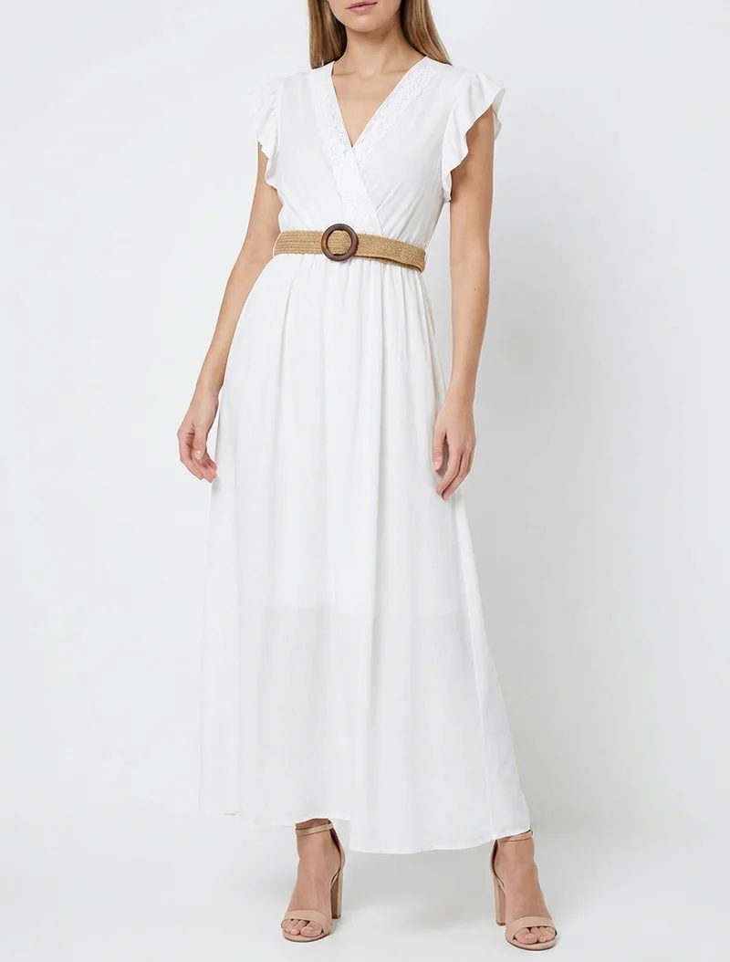 Langärmeliges Kleid mit Wickelausschnitt - Weiß