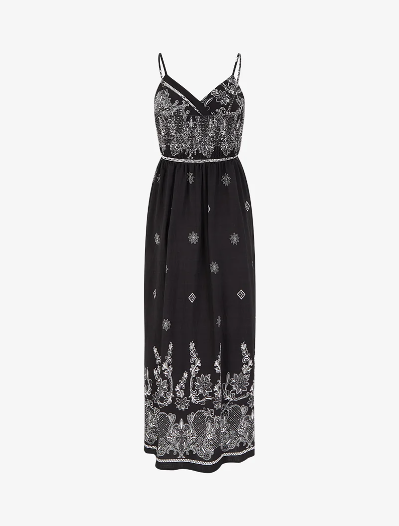 Langes Kleid mit arabesken Blumenmuster - Schwarz