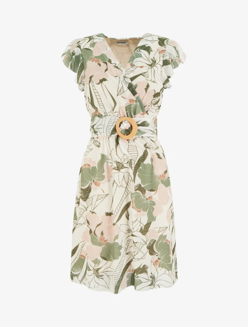 Midikleid mit großen Blumenmuster und Schnalle - Kaki