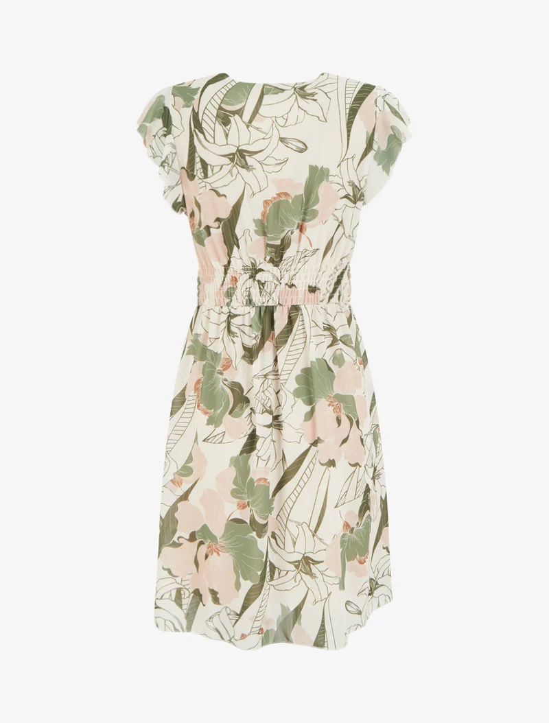 Midikleid mit großen Blumenmuster und Schnalle - Kaki