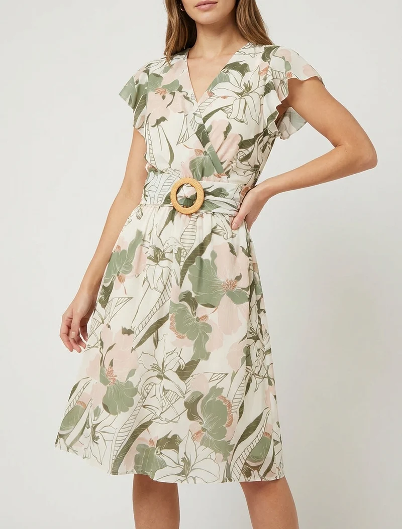 Midikleid mit großen Blumenmuster und Schnalle - Kaki