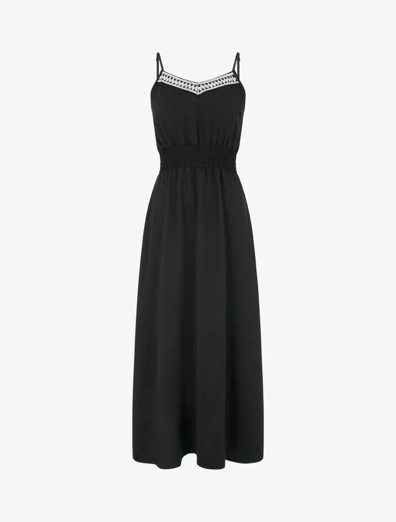 Langes einfarbiges Kleid mit elastischer Taille - Schwarz