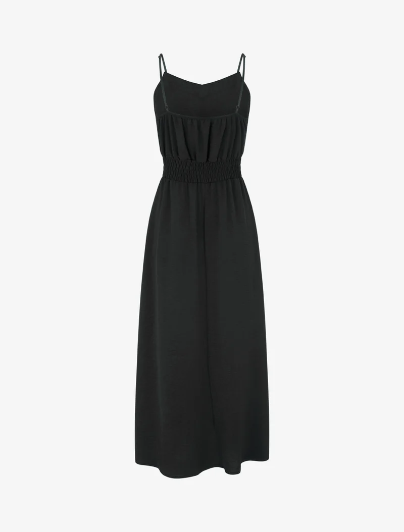 Langes einfarbiges Kleid mit elastischer Taille - Schwarz