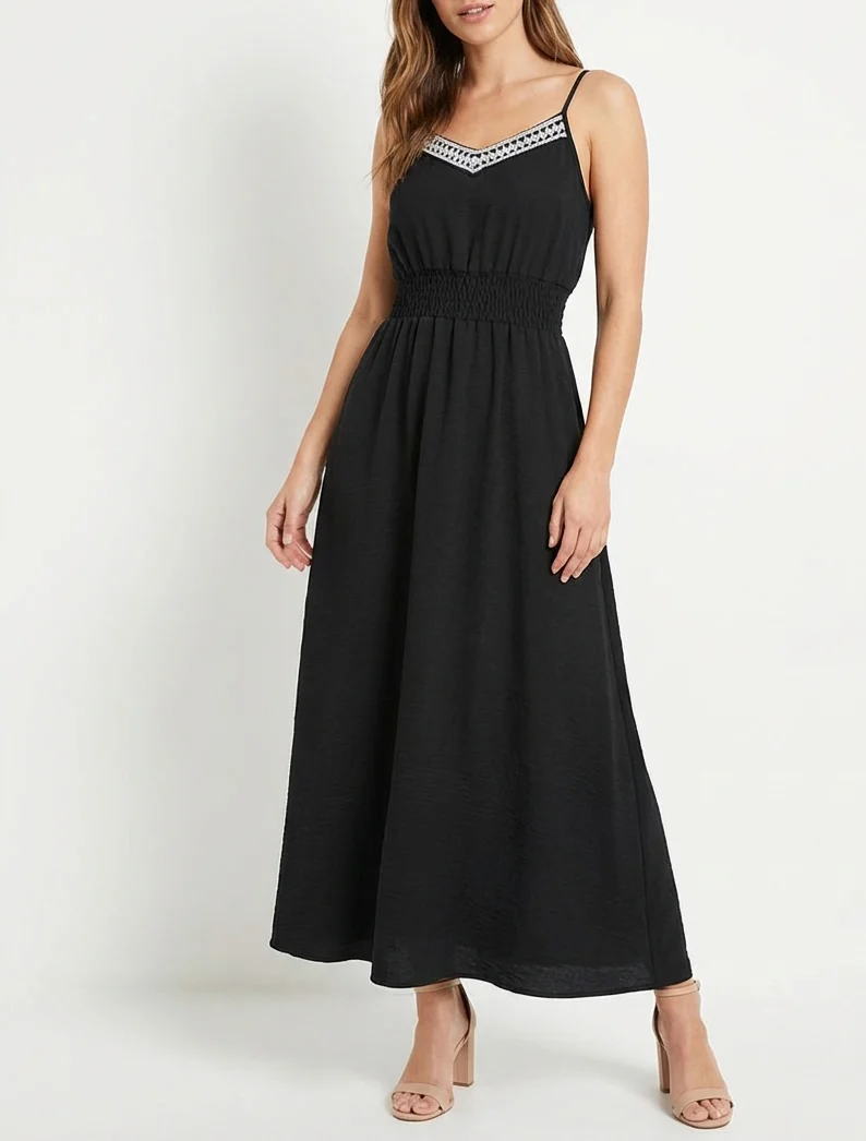 Langes einfarbiges Kleid mit elastischer Taille - Schwarz