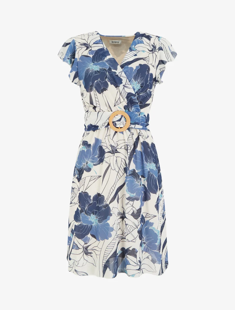 Midikleid mit großen Blumenmuster und Schnalle - Marine