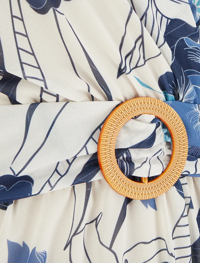 Midikleid mit großen Blumenmuster und Schnalle - Marine