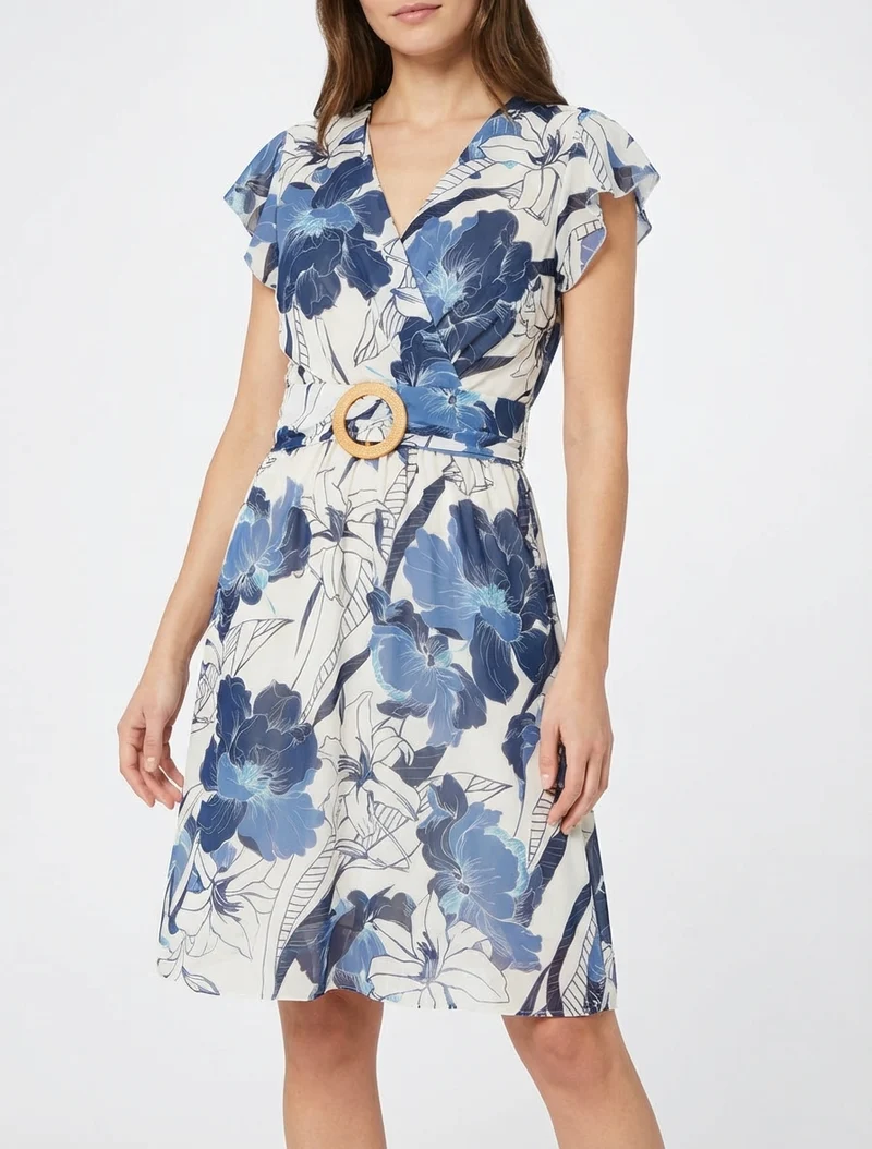 Midikleid mit großen Blumenmuster und Schnalle - Marine