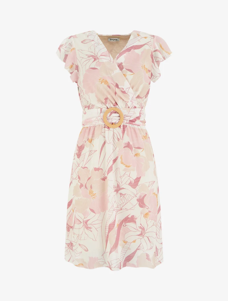 Midikleid mit großen Blumenmuster und Schnalle - Rose