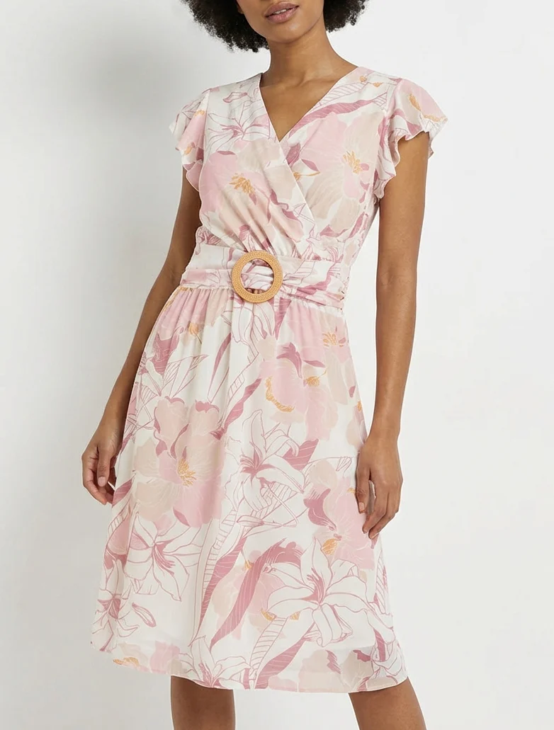 Midikleid mit großen Blumenmuster und Schnalle - Rose