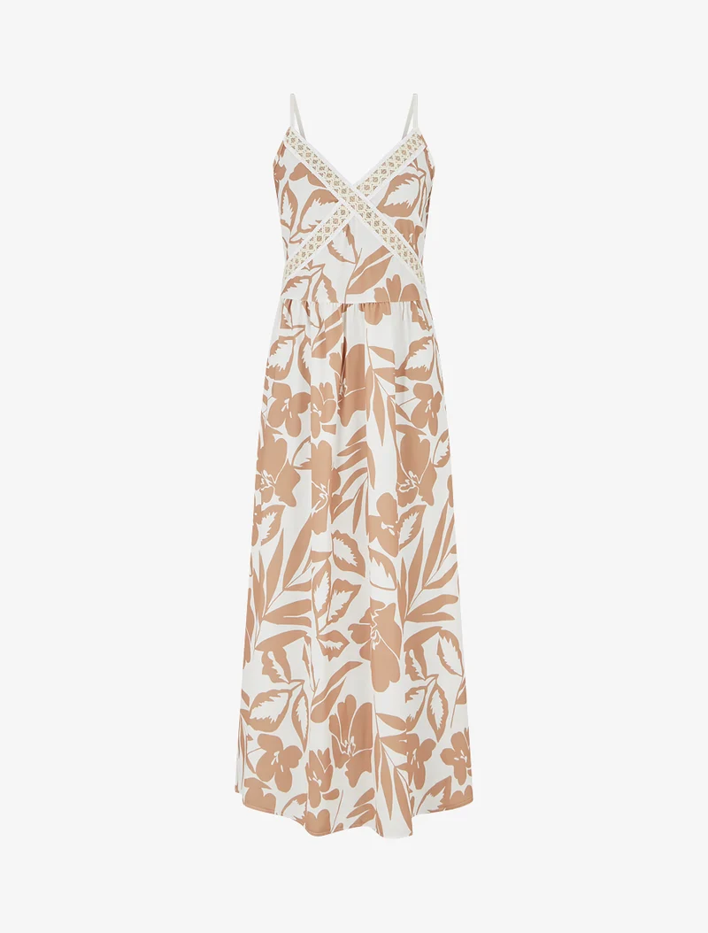 Geblümtes Kleid mit Stickereinsatz - Kamel