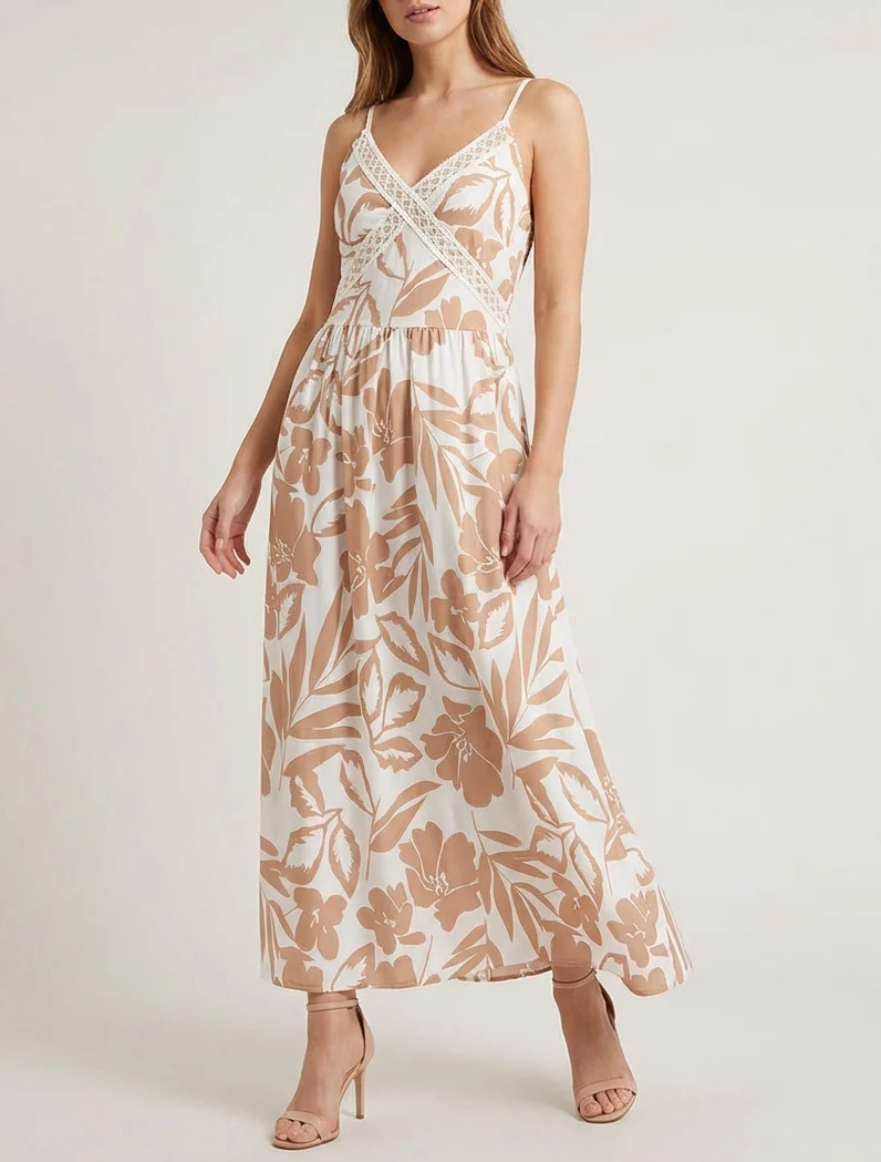 Geblümtes Kleid mit Stickereinsatz - Kamel